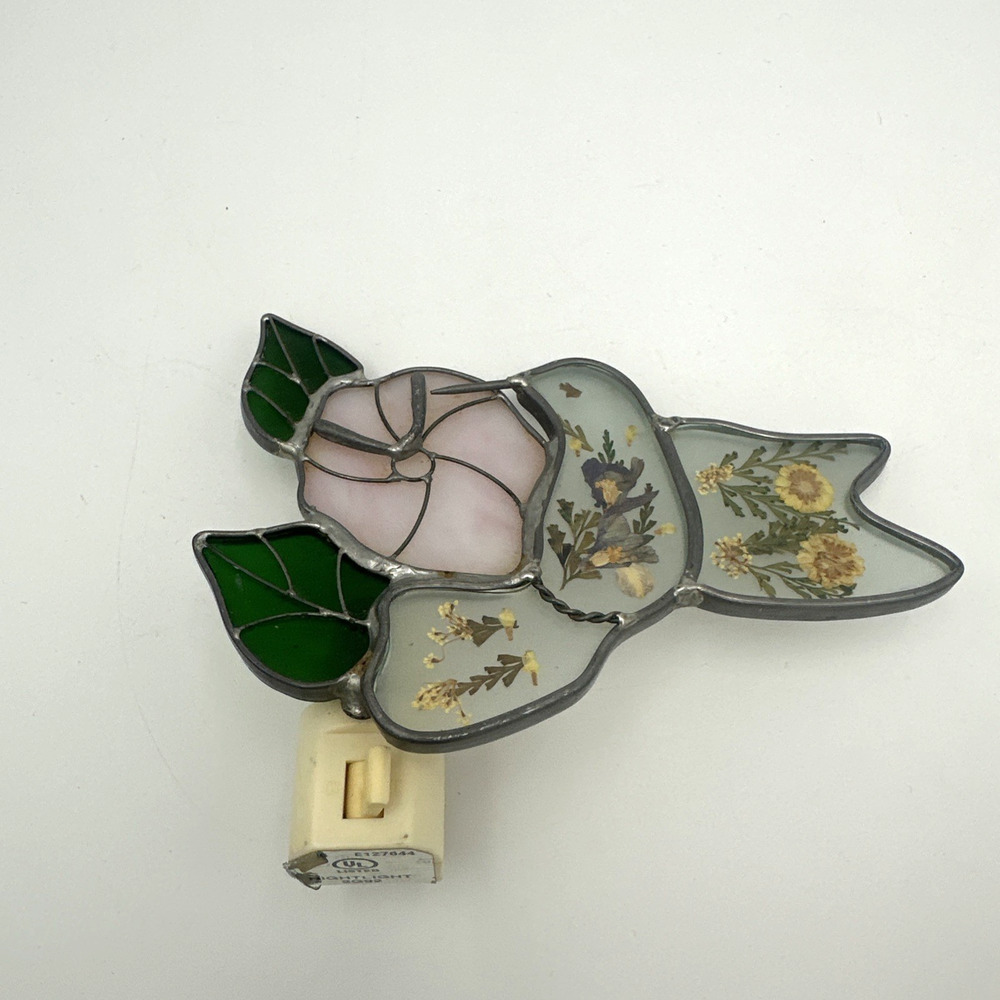 Vintage Tiffany Style Stained Glass Nightlight Hummingbird & Dried Flowers